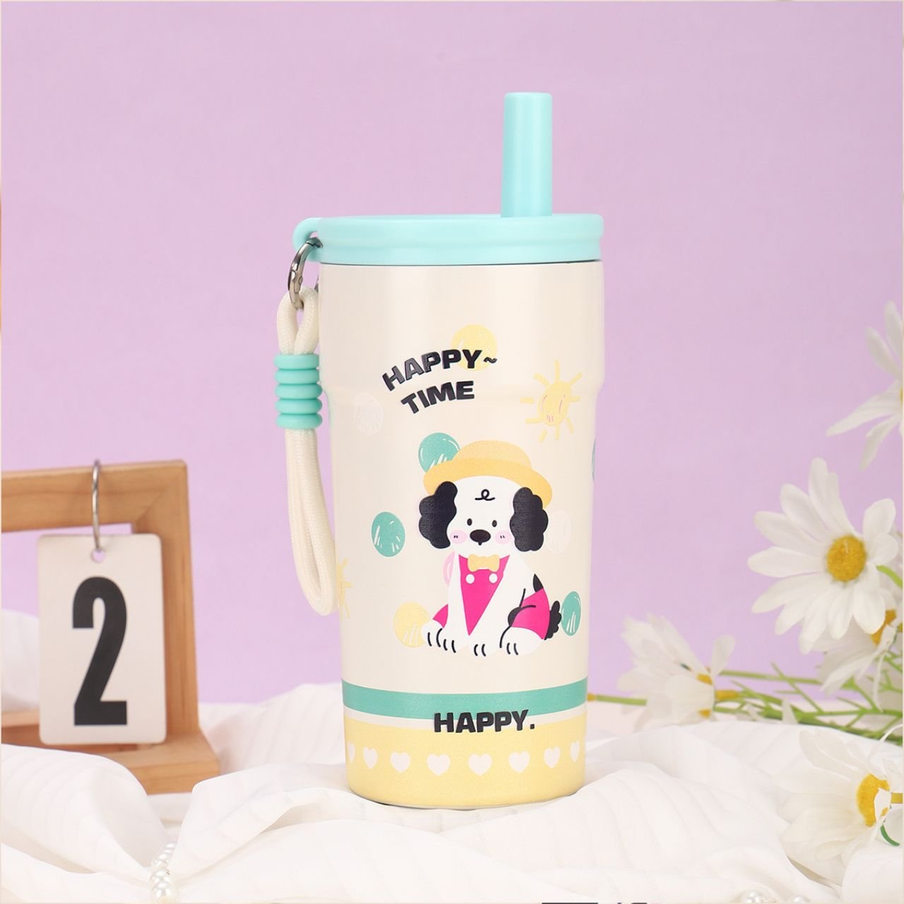Stainless Steel Insulated Coffee Sipper with Straw & Carry Band | Portable & Leakproof | Cartoon Print | 500 ML | Assorted Prints | Box Packing - Image 2