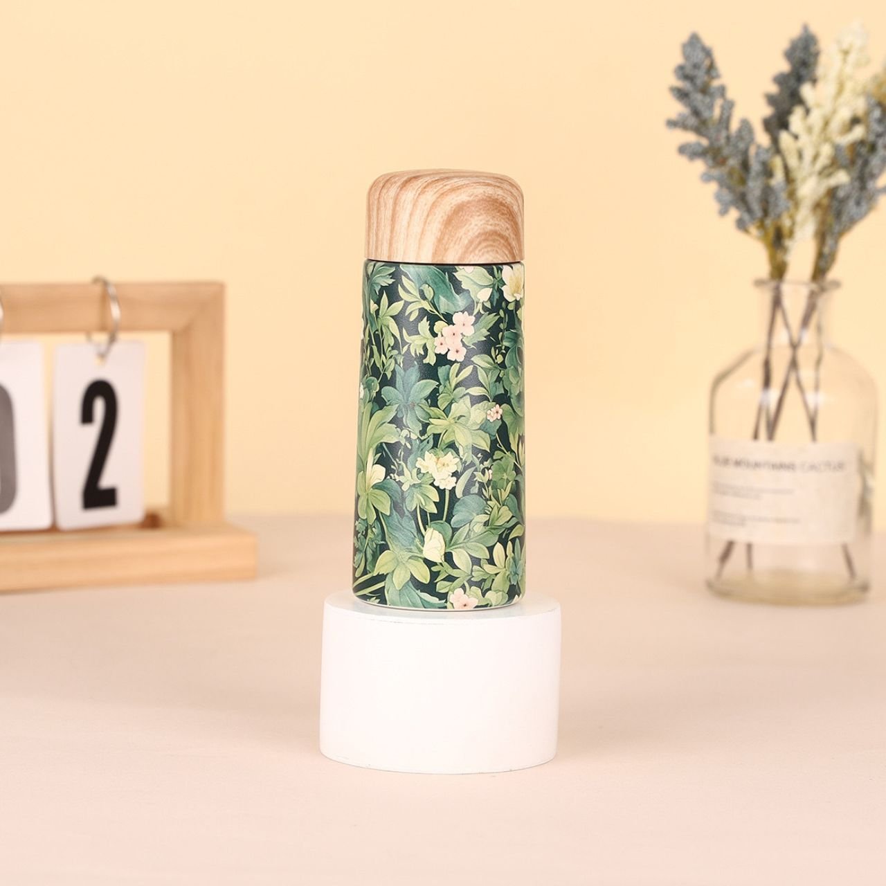 Stainless Steel Insulated Bottle with wooden Cap | Floral Print | Portable & Leakproof | 250 ML | Assorted Colors & Prints | Box Packing - Image 2