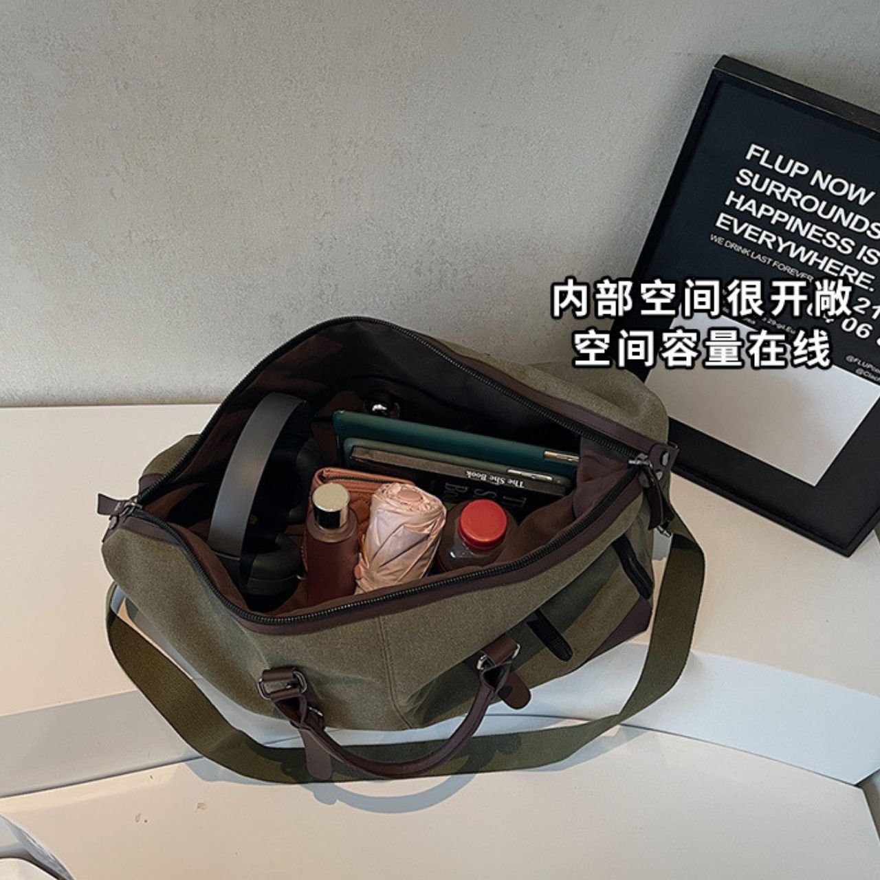 Canvas Travel Duffle Bag with Top Handle | PU Leather Trim | Zip Closure | Adjustable Shoulder Strap | 30x50x23 Cm | Assorted Colors | OPP Packing - Image 4