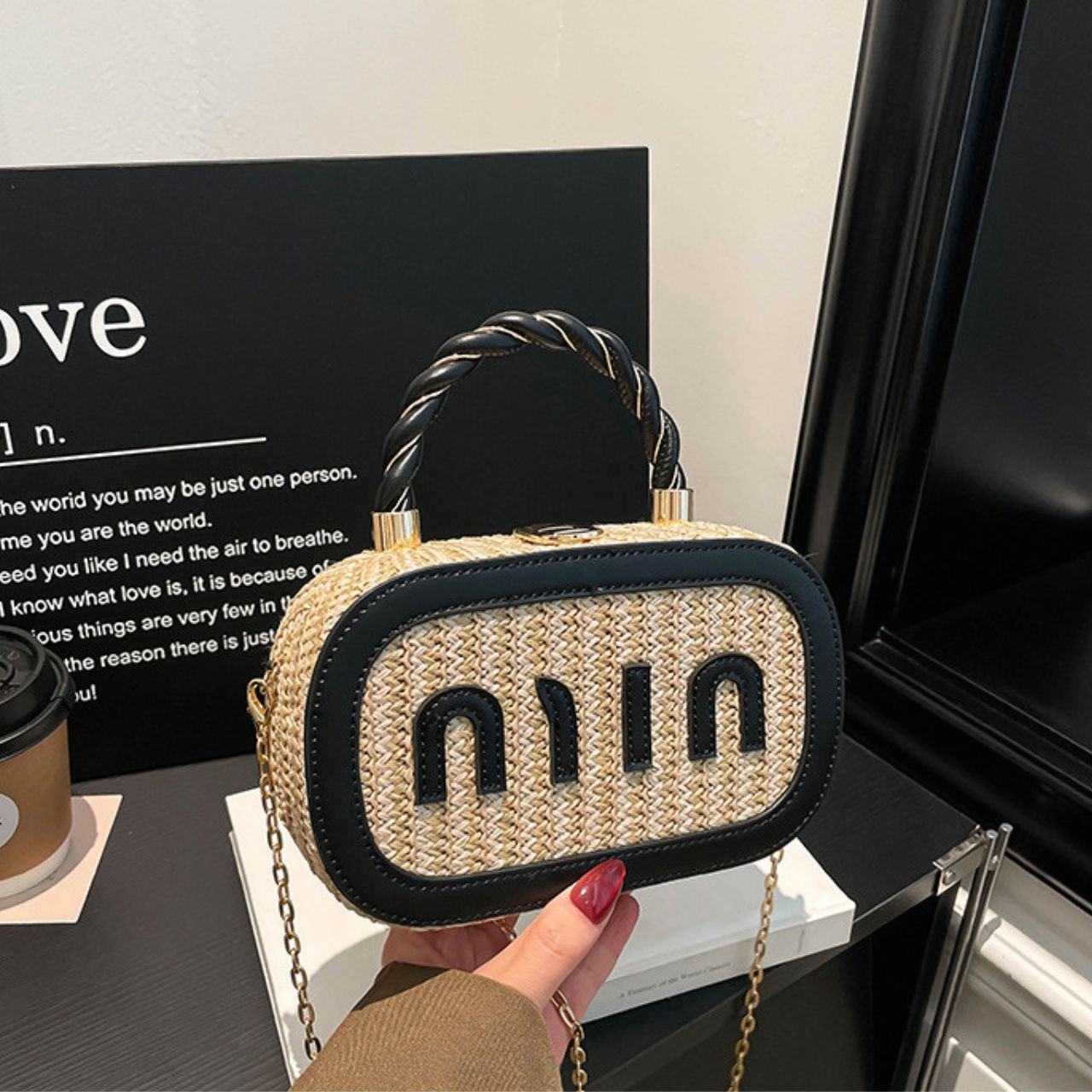 Stylish Woven Mini Handbag with Braided Handle | Premium Look with Lock Closure | Golden Chain Strap | 12x20x6 Cm | Assorted Colors | OPP Packing - Image 4