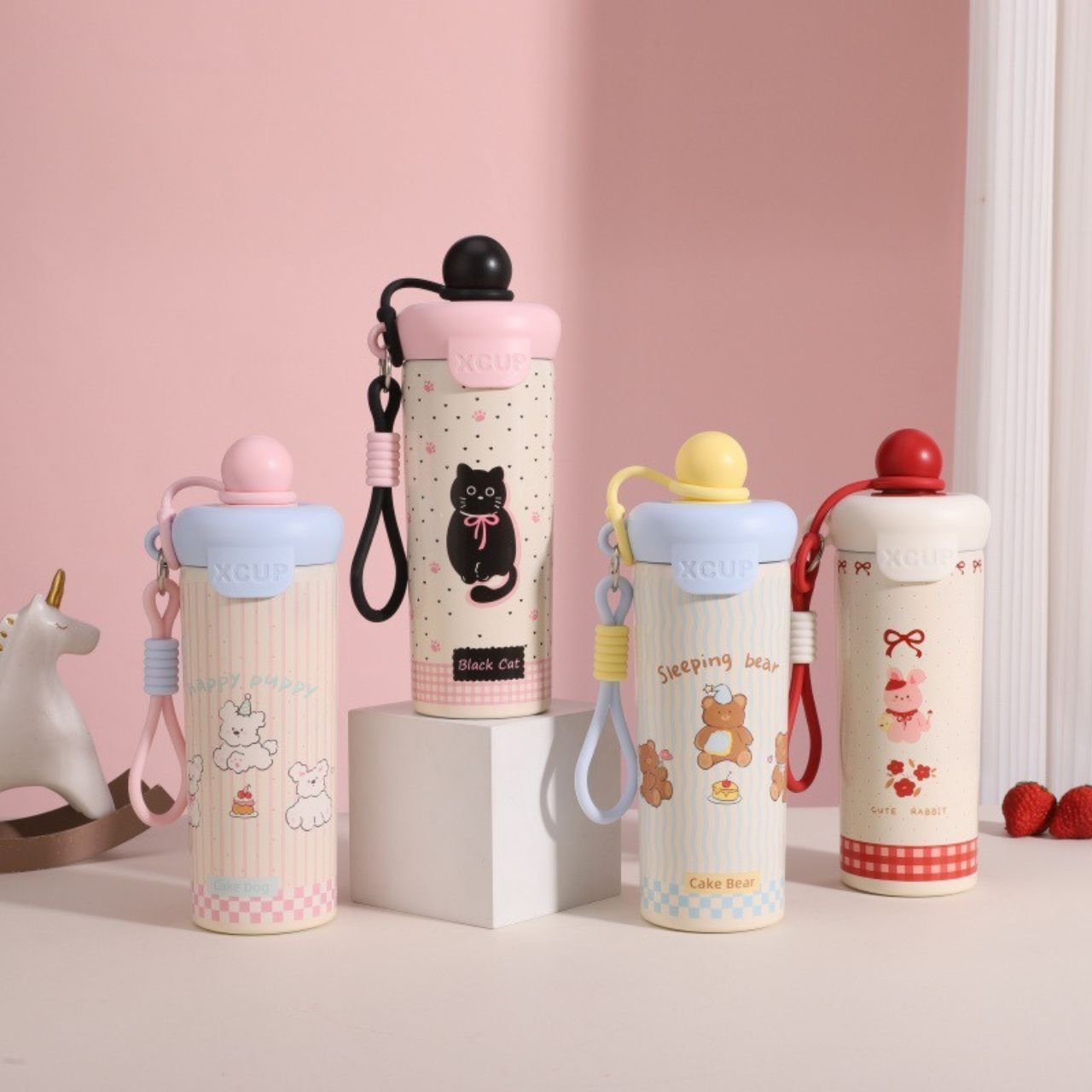 Stainless Steel Insulated Tumbler | Cartoon Printed | Leakproof Lid with Carry Strap | Portable | 600 ML | Assorted Colors & Prints | Box Packing