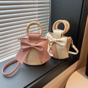 Premium Woven Straw Handbag With Large Bow | Wooden Round Handle & Adjustable Shoulder Strap | Zip Closure | 15x11x15 Cm | Assorted Colors | OPP Packing