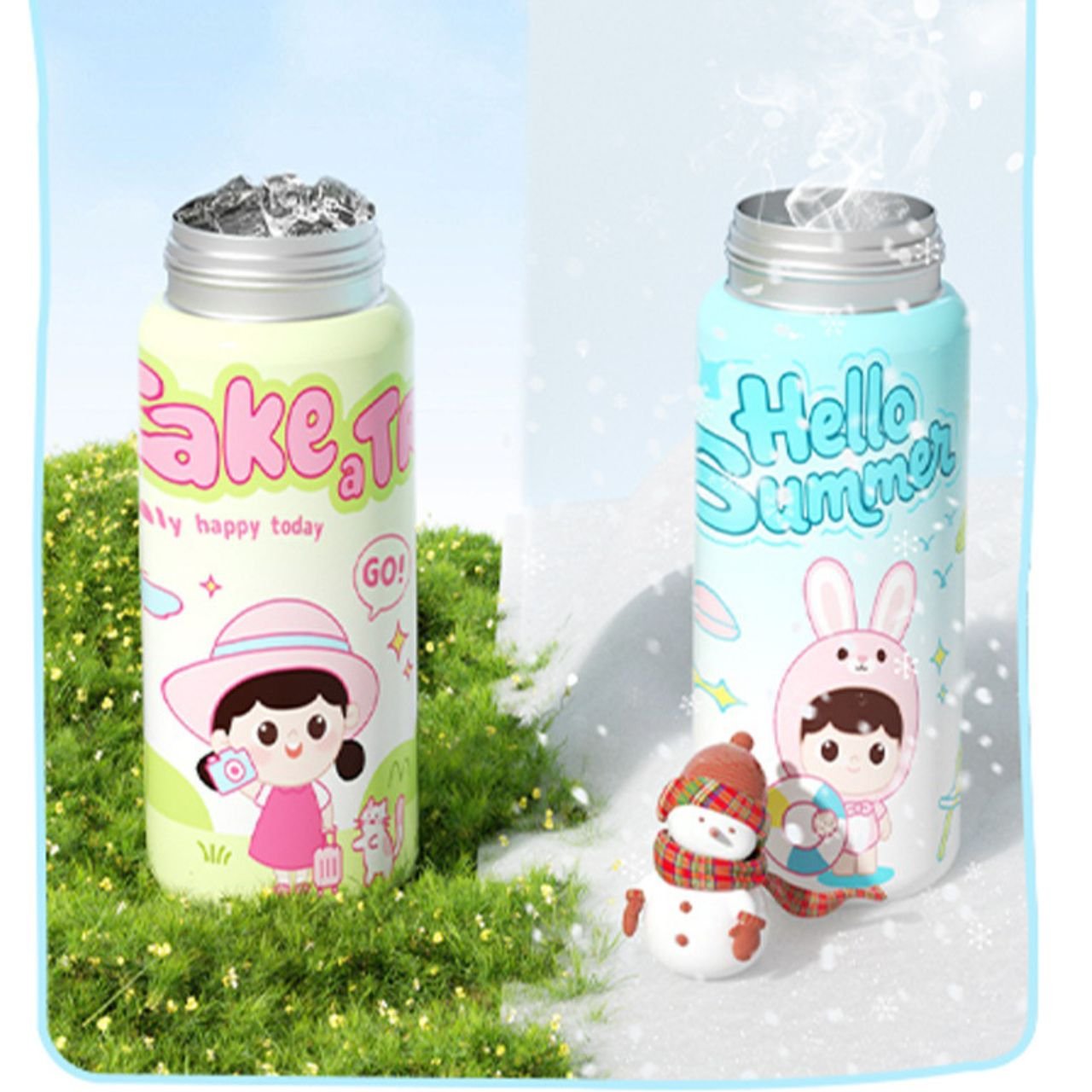 Stainless Steel Insulated Kawaii Sipper for Kids | Cartoon Print | Portable & Leakproof | Dual Sipper | 550 ML | Assorted Colors | Box Packing - Image 2