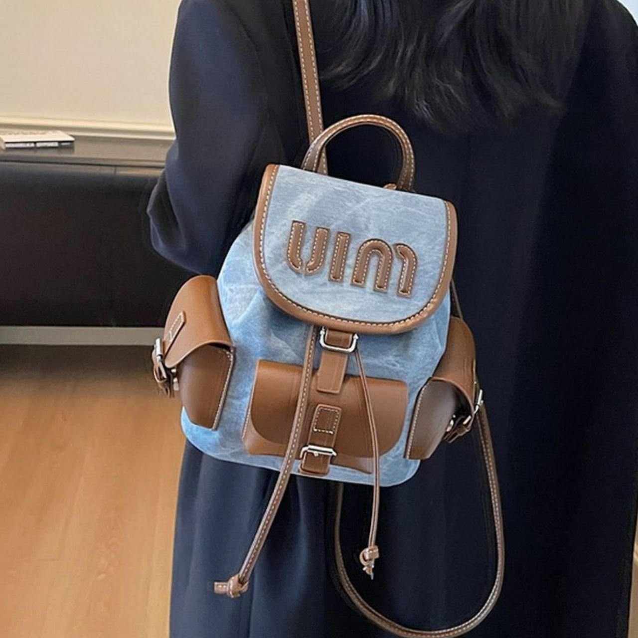 Cute Mini Canvas Backpack for Girls | PU Leather Flap & Drawstring Closure | Lightweight | Multi Pocket | 24x22x12 Cm | Assorted Colors | OPP Packing - Image 4