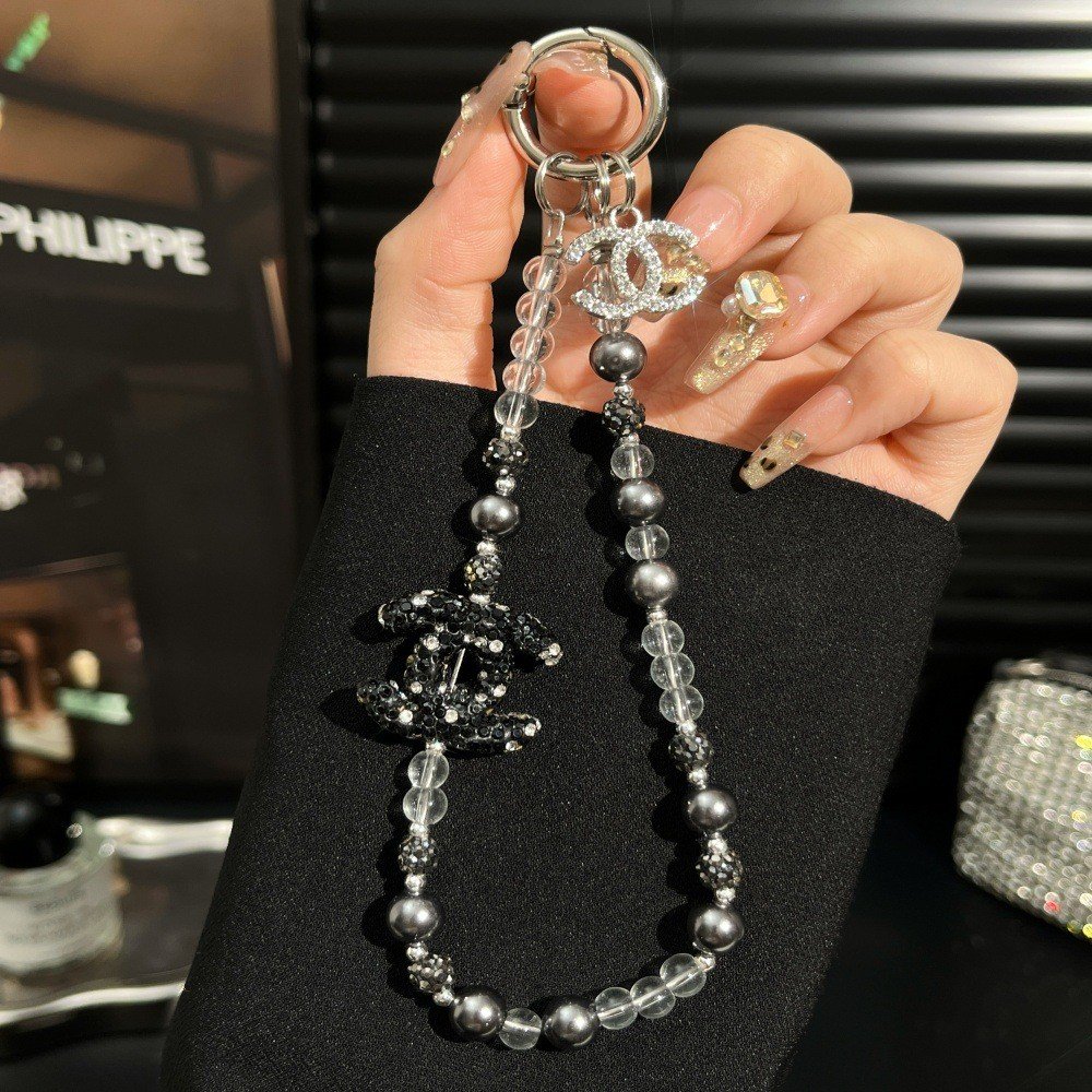 Luxury Crystal Double-C Beaded Phone Charm Strap | Elegant Pearl Designer-Inspired Mobile Wristlet Keychain Card OPP Packing - Image 5