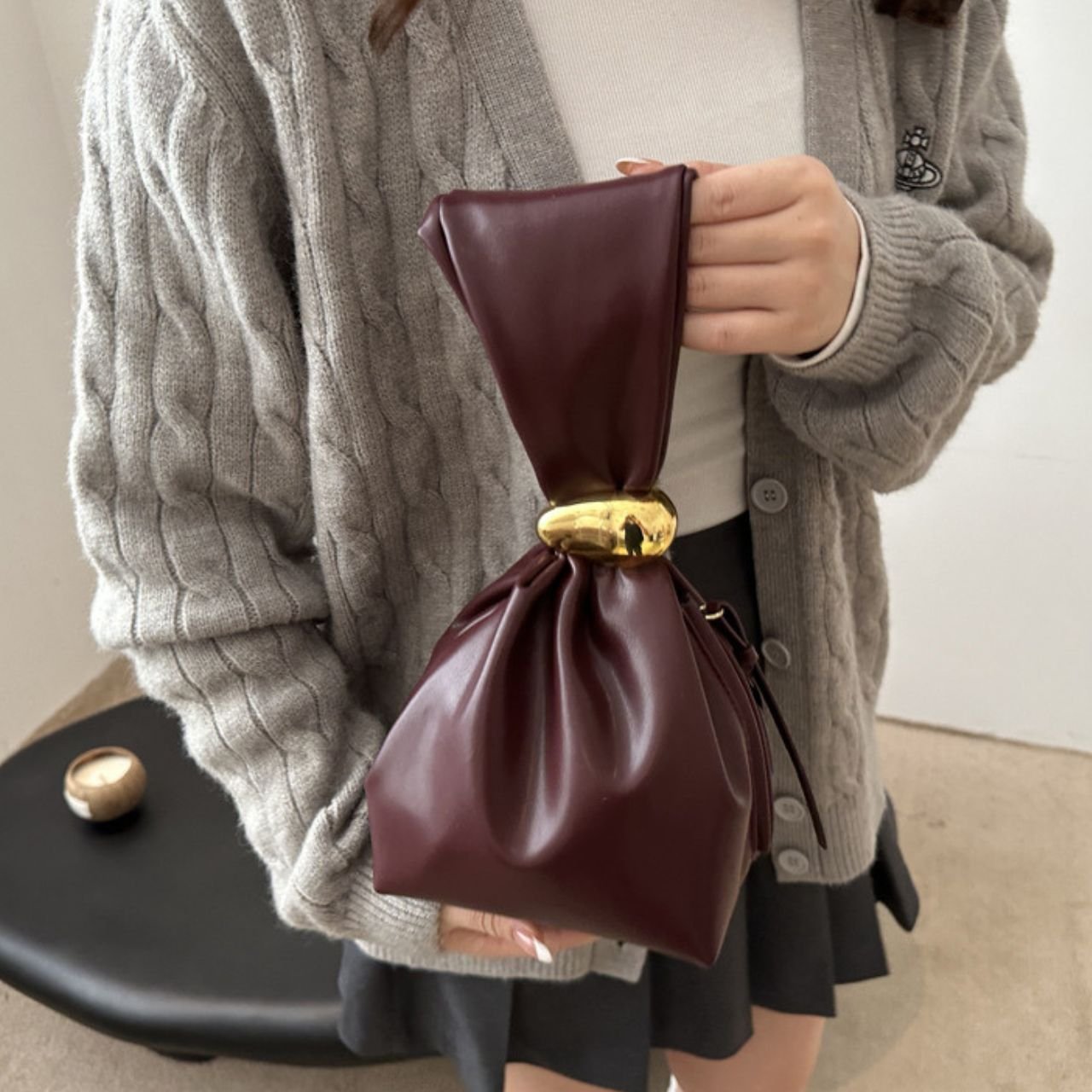 PU Leather Knot Handbag for Ladies | Soft Plated Design | Gold Accent | Zip Closure | 16x17x13 Cm | Assorted Colors | OPP Packing