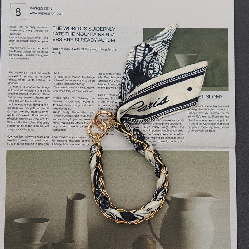 Premium Braided Silk Scarf Keychain Wristlet with Gold Chain | Fashion Handbag Mobile Phone Charm Card OPP Packing - Image 5