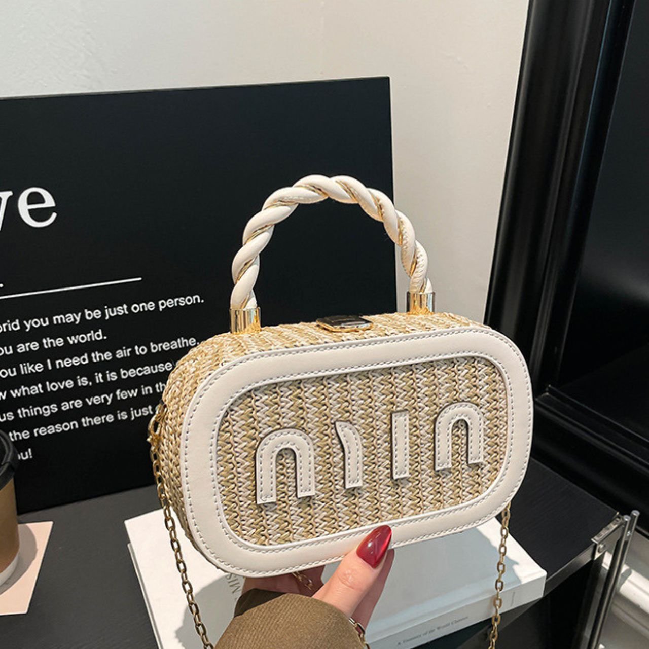Stylish Woven Mini Handbag with Braided Handle | Premium Look with Lock Closure | Golden Chain Strap | 12x20x6 Cm | Assorted Colors | OPP Packing - Image 3