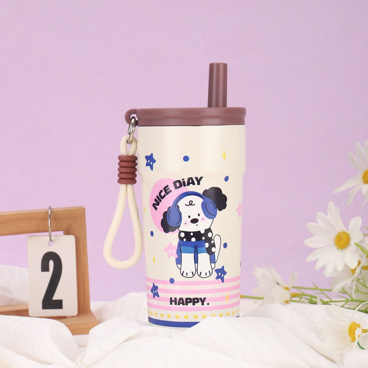 Stainless Steel Insulated Coffee Sipper with Straw & Carry Band | Portable & Leakproof | Cartoon Print | 500 ML | Assorted Prints | Box Packing - Image 5