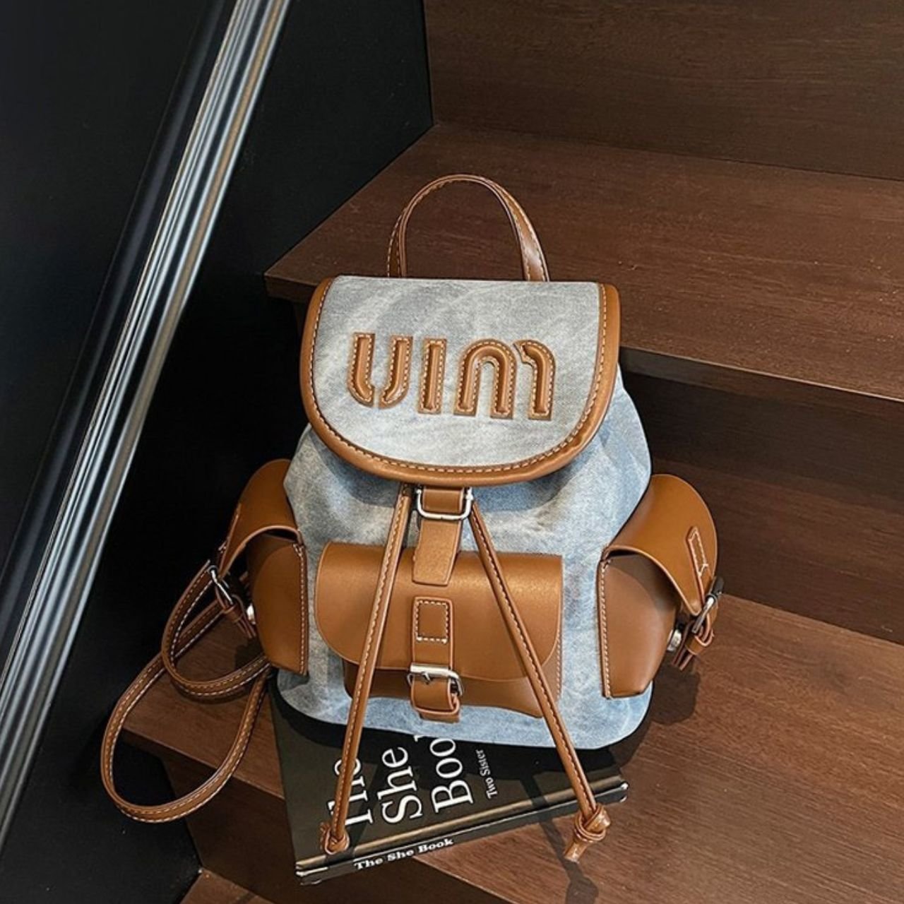 Cute Mini Canvas Backpack for Girls | PU Leather Flap & Drawstring Closure | Lightweight | Multi Pocket | 24x22x12 Cm | Assorted Colors | OPP Packing - Image 2