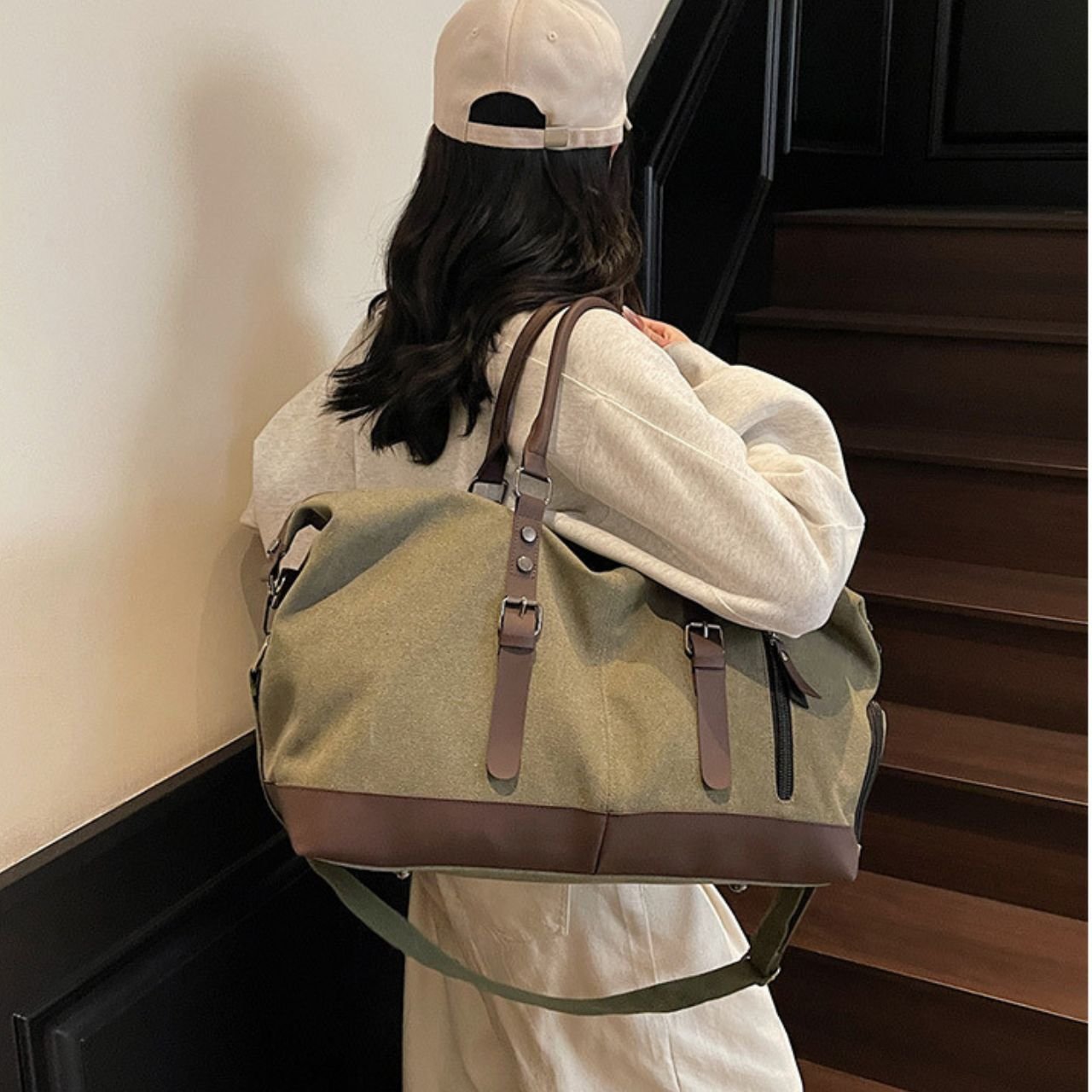 Canvas Travel Duffle Bag with Top Handle | PU Leather Trim | Zip Closure | Adjustable Shoulder Strap | 30x50x23 Cm | Assorted Colors | OPP Packing