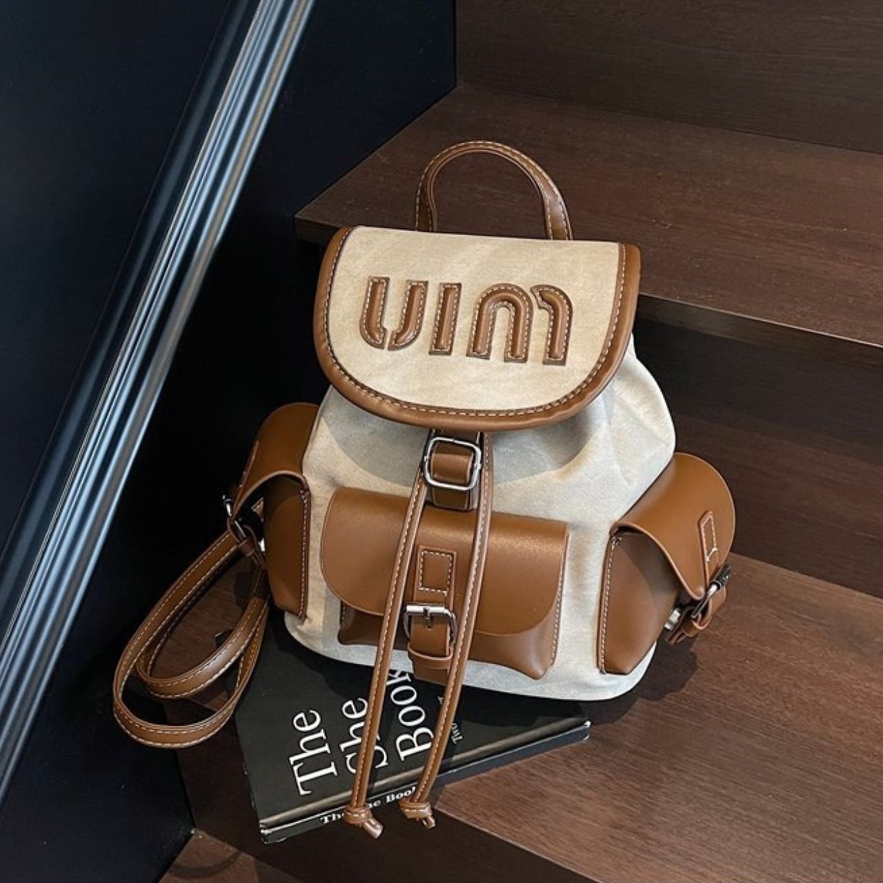 Cute Mini Canvas Backpack for Girls | PU Leather Flap & Drawstring Closure | Lightweight | Multi Pocket | 24x22x12 Cm | Assorted Colors | OPP Packing - Image 3