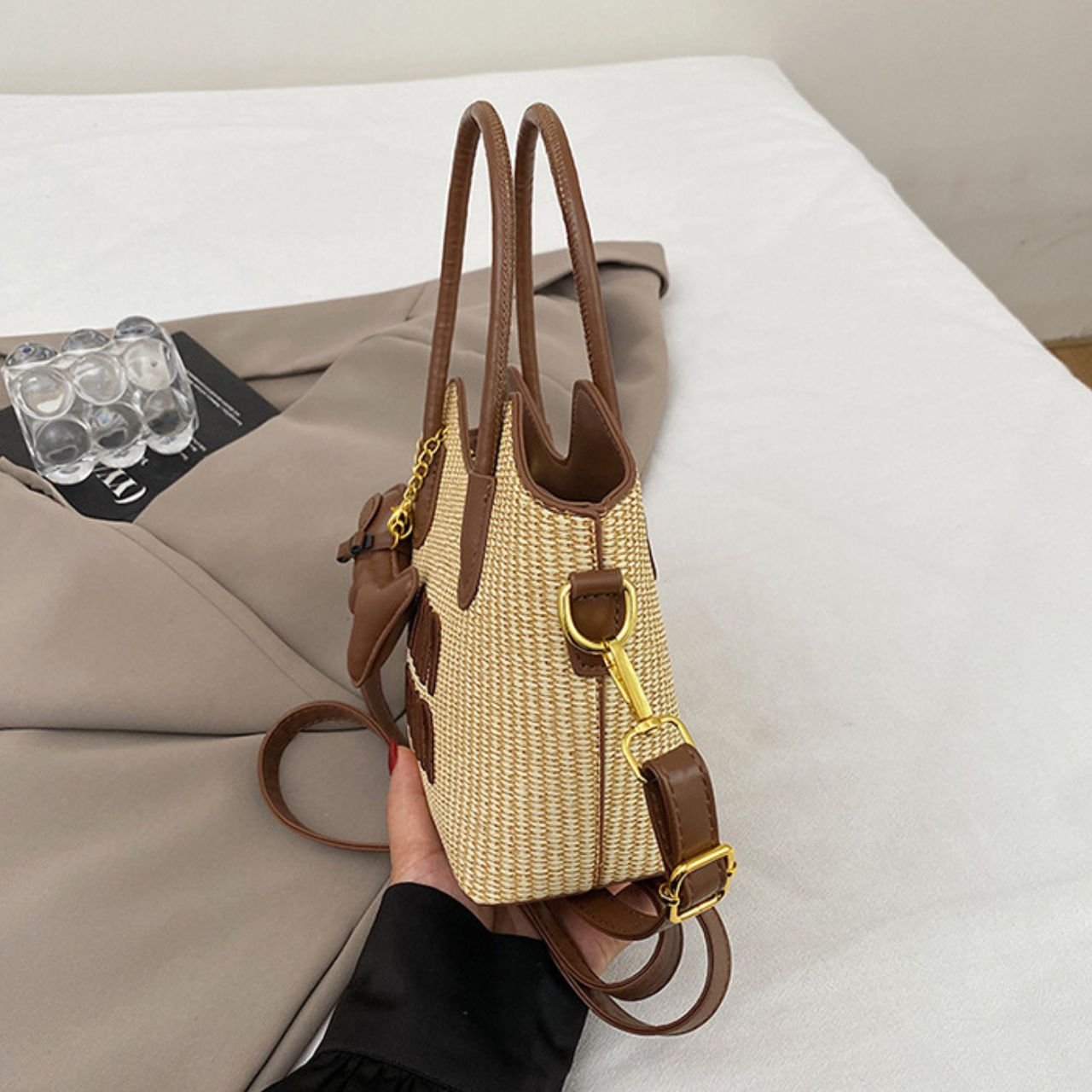 PU Leather Ladies Woven Handbag with Sling | Embroidered Letter Design | Top Handle | Zip Closure | Assorted Colors | OPP Packing - Image 6