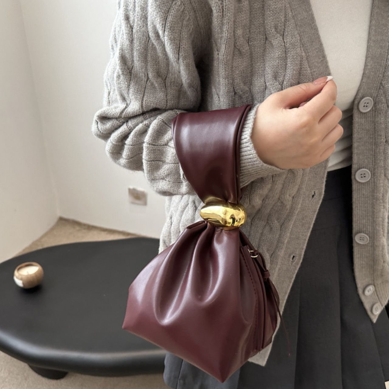 PU Leather Knot Handbag for Ladies | Soft Plated Design | Gold Accent | Zip Closure | 16x17x13 Cm | Assorted Colors | OPP Packing - Image 2