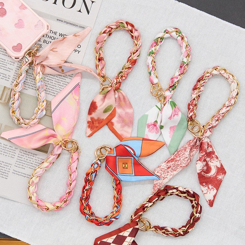 Premium Braided Silk Scarf Keychain Wristlet with Gold Chain | Fashion Handbag Mobile Phone Charm Card OPP Packing - Image 2