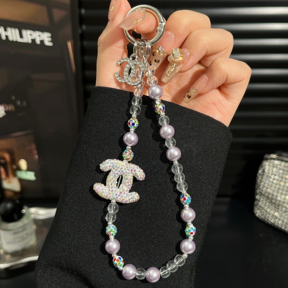 Luxury Crystal Double-C Beaded Phone Charm Strap | Elegant Pearl Designer-Inspired Mobile Wristlet Keychain Card OPP Packing - Image 3
