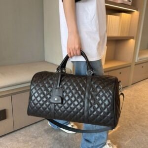 Luxury Quilted PU Leather Travel Duffle Bag with Top Handle | Zip Closure | Adjustable Shoulder Strap | 26x24x51 Cm | Black Color | OPP Packing