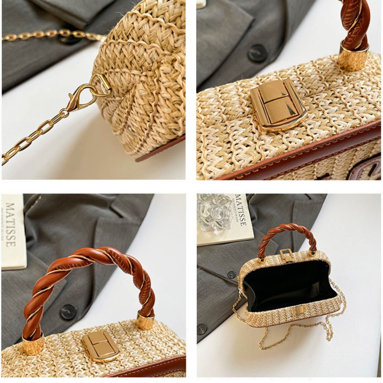 Stylish Woven Mini Handbag with Braided Handle | Premium Look with Lock Closure | Golden Chain Strap | 12x20x6 Cm | Assorted Colors | OPP Packing - Image 7