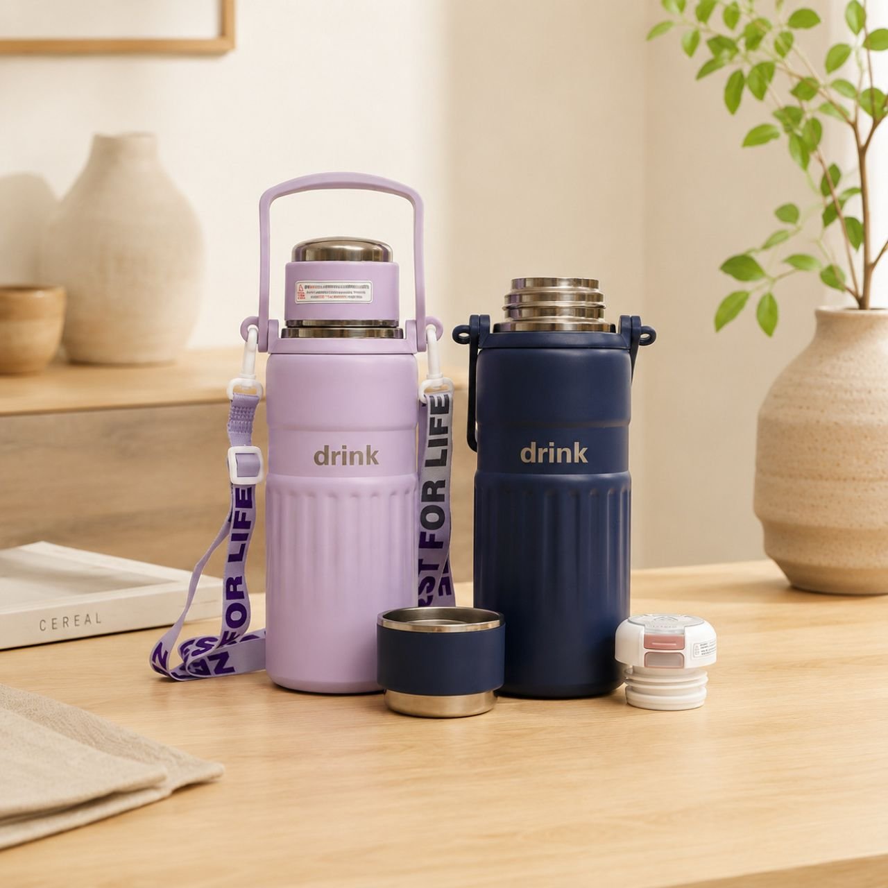 Stainless Steel Vacuum Bottle with Handle & Strap | Double Wall | Portable & Leakproof | 1000 ML | Assorted Colors | Box Packing - Image 2