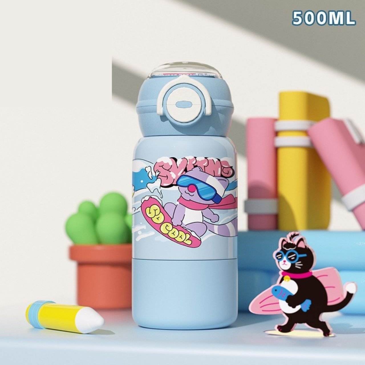 Stainless Steel Kids Sipper with Carry Band | Double Wall Insulations | Cartoon Printed | Dual Drinking System | Portable & Leakproof | 500 ML | Assorted Prints | Box Packing - Image 2
