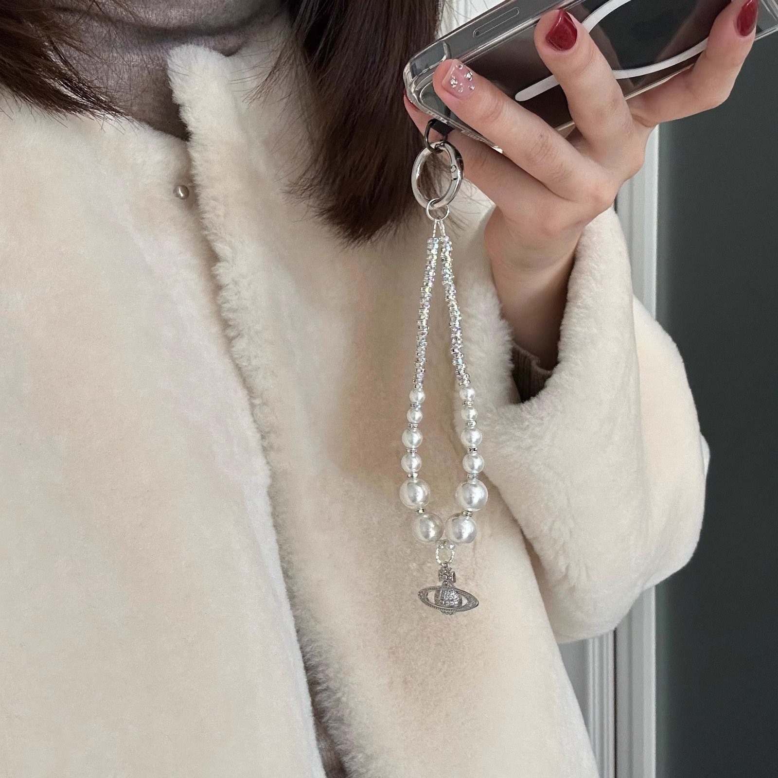 Elegant Pearl Beaded Mobile Phone Charm with Crystal Planet Pendant Card OPP Packing - Image 6
