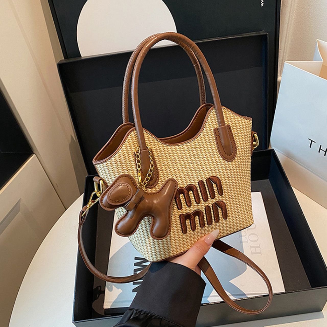 PU Leather Ladies Woven Handbag with Sling | Embroidered Letter Design | Top Handle | Zip Closure | Assorted Colors | OPP Packing - Image 3