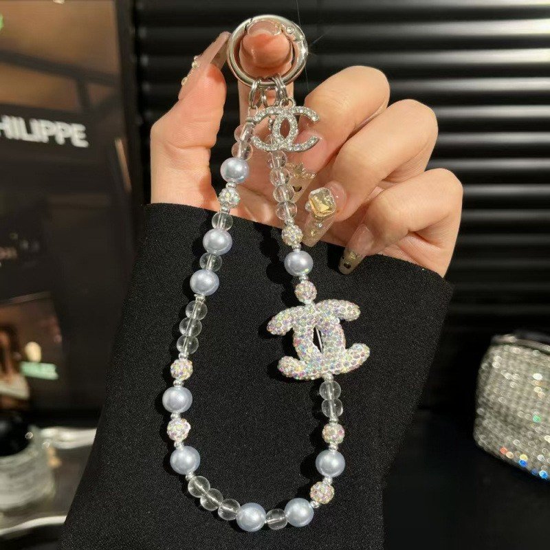 Luxury Crystal Double-C Beaded Phone Charm Strap | Elegant Pearl Designer-Inspired Mobile Wristlet Keychain Card OPP Packing - Image 2
