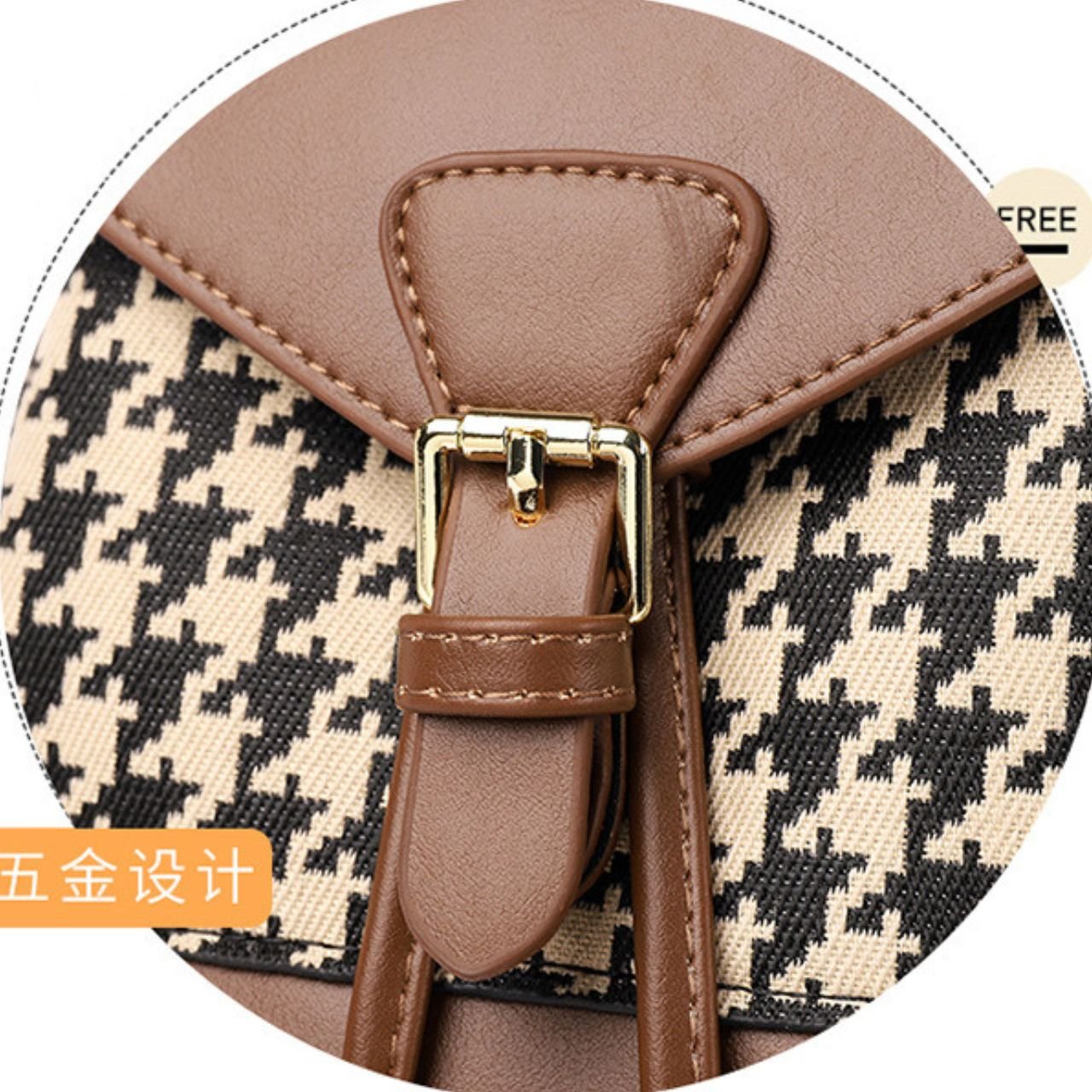 Houndstooth Canvas Ladies Backpack with Leather Trim | 2 Pocket | Adjustable Shoulder Strap | 21x13x25 Cm | Assorted Colors | OPP Packing - Image 4