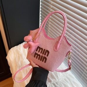 PU Leather Ladies Woven Handbag with Sling | Embroidered Letter Design | Top Handle | Zip Closure | Assorted Colors | OPP Packing