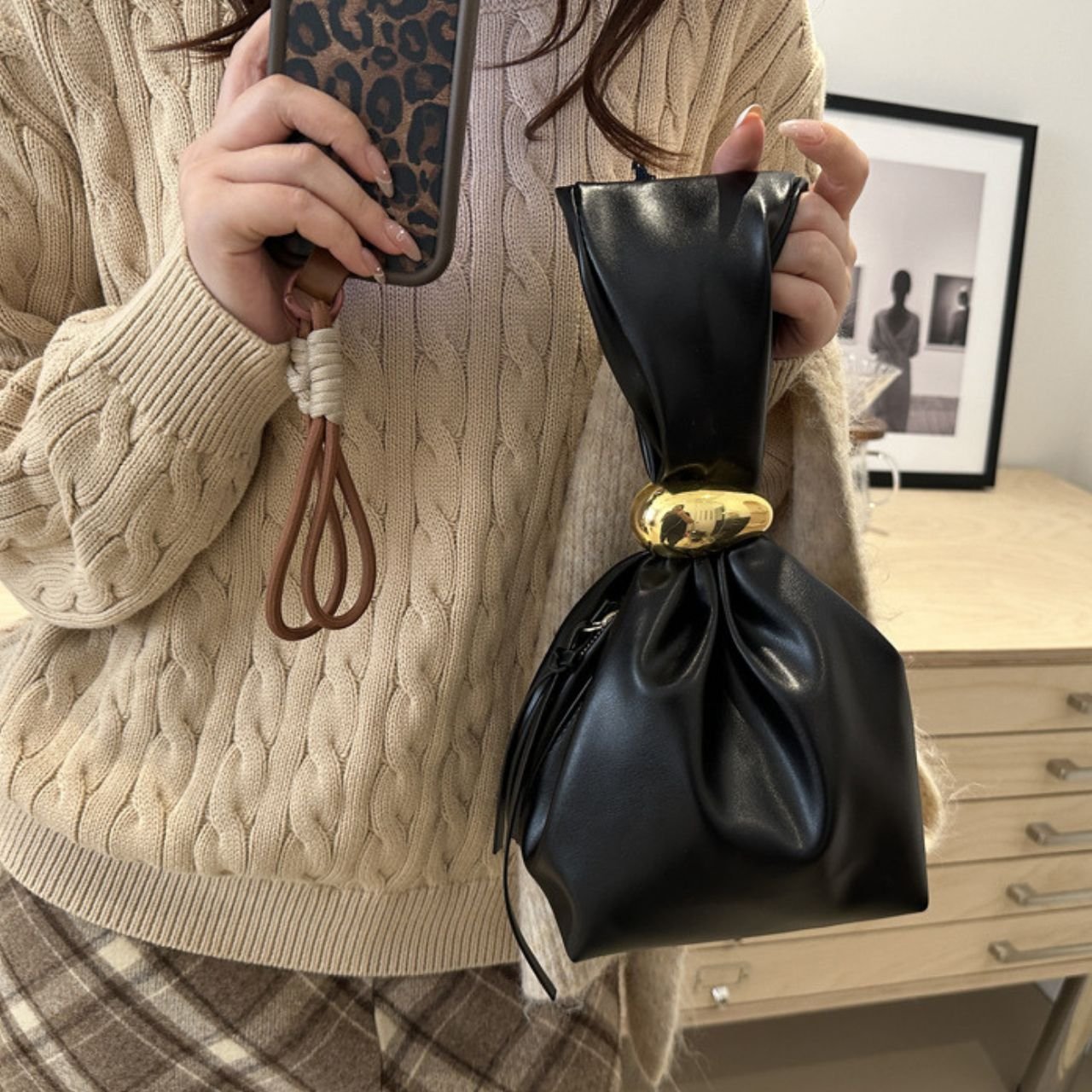 PU Leather Knot Handbag for Ladies | Soft Plated Design | Gold Accent | Zip Closure | 16x17x13 Cm | Assorted Colors | OPP Packing - Image 3