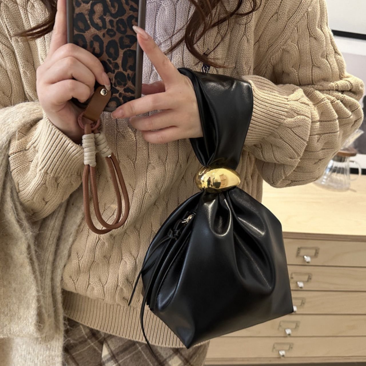 PU Leather Knot Handbag for Ladies | Soft Plated Design | Gold Accent | Zip Closure | 16x17x13 Cm | Assorted Colors | OPP Packing - Image 5