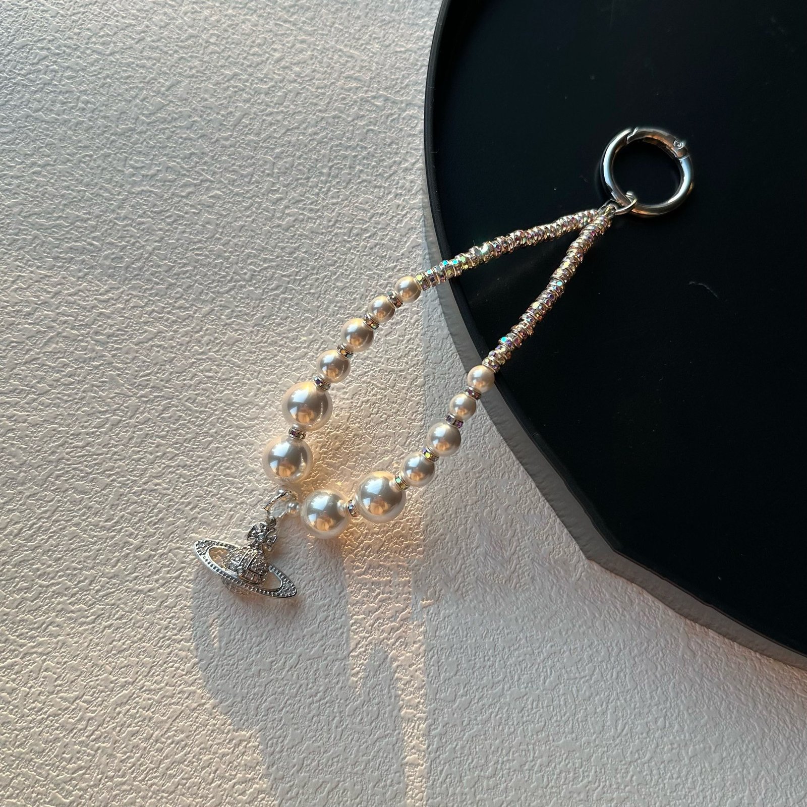 Elegant Pearl Beaded Mobile Phone Charm with Crystal Planet Pendant Card OPP Packing - Image 3