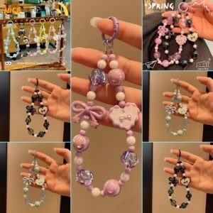 White and pink acrylic pearl beaded mobile charm straps with decorative stars and soft wristlet cords