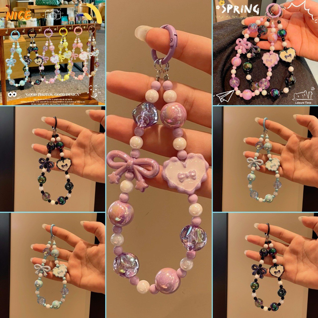 White and pink acrylic pearl beaded mobile charm straps with decorative stars and soft wristlet cords