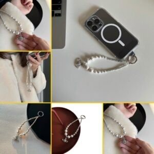 A premium white pearl beaded wristlet mobile phone strap featuring a delicate silver crystal planet pendant charm, attached to a phone case with an inclusion card.