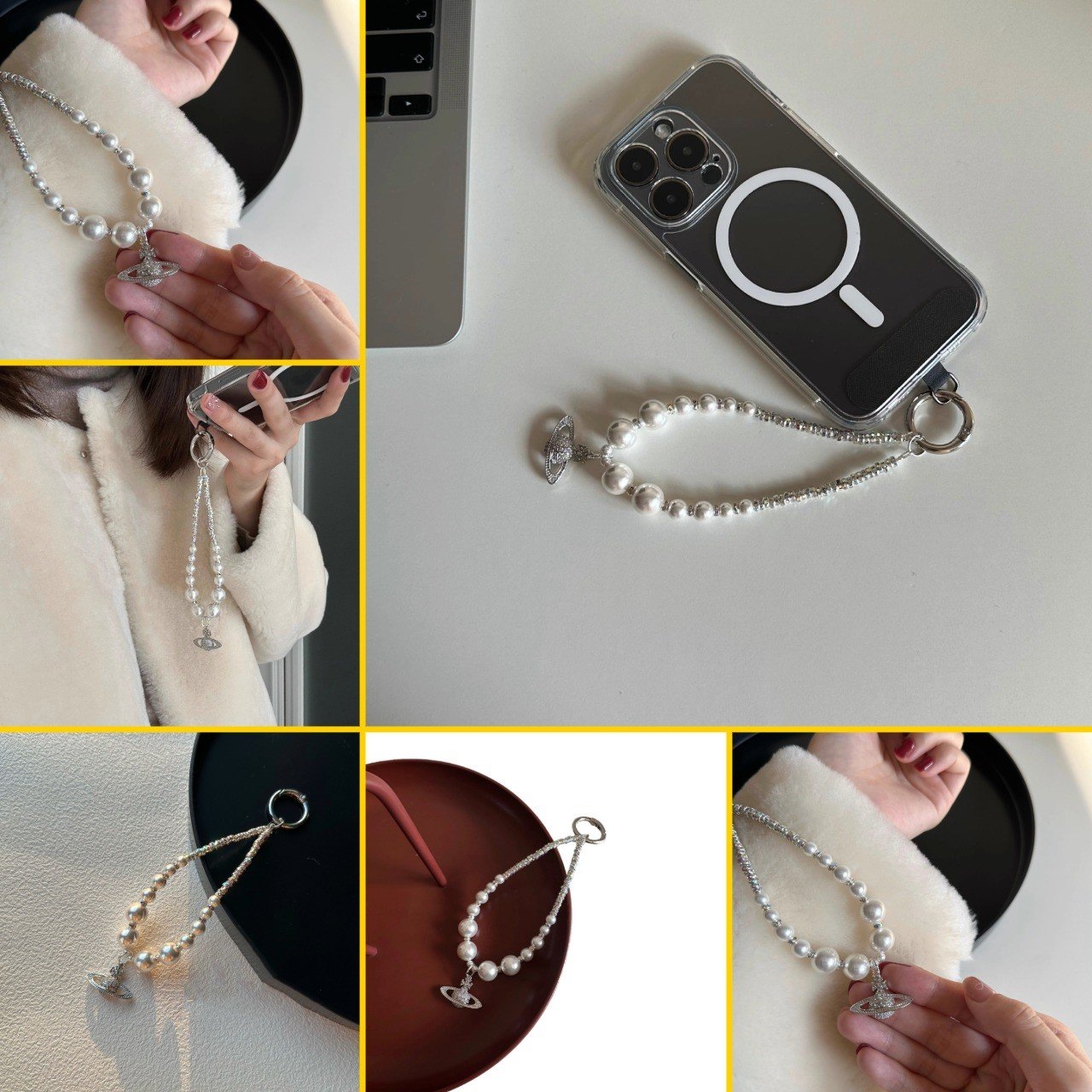 A premium white pearl beaded wristlet mobile phone strap featuring a delicate silver crystal planet pendant charm, attached to a phone case with an inclusion card.
