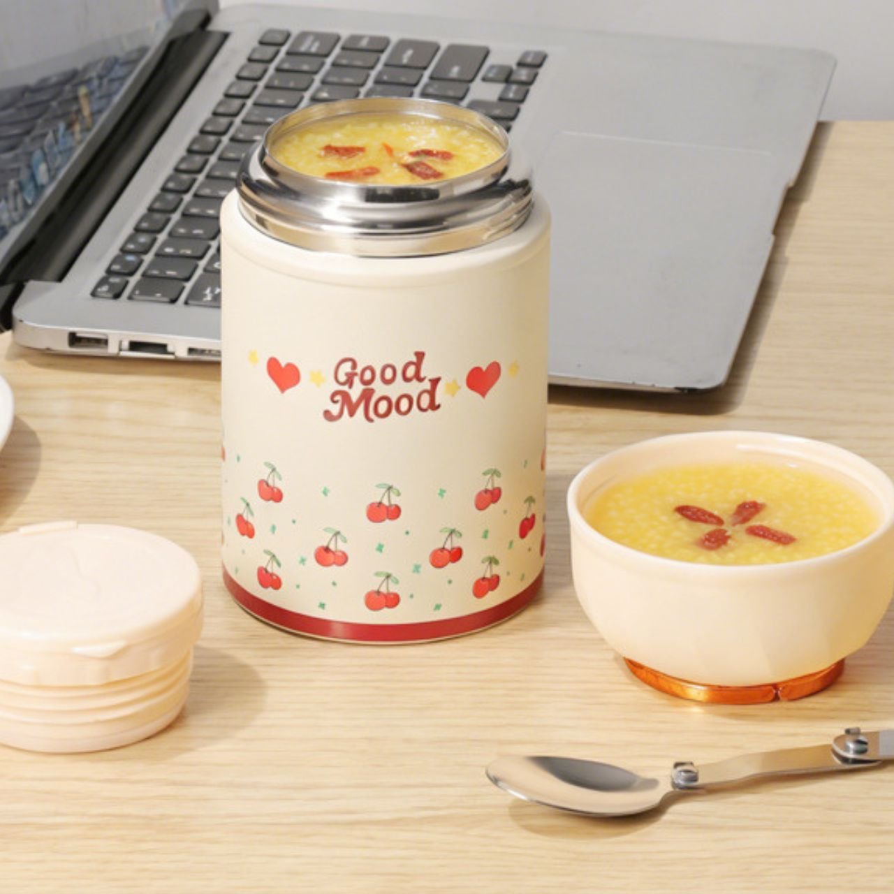 Stainless Steel Food Bowl with Foldable Spoon | Double wall Insulation | Flower Printed | Portable & Leakproof | 500 ML | Assorted Prints | Box Packing - Image 2