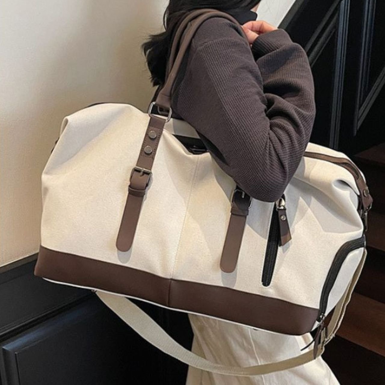 Canvas Travel Duffle Bag with Top Handle | PU Leather Trim | Zip Closure | Adjustable Shoulder Strap | 30x50x23 Cm | Assorted Colors | OPP Packing - Image 3