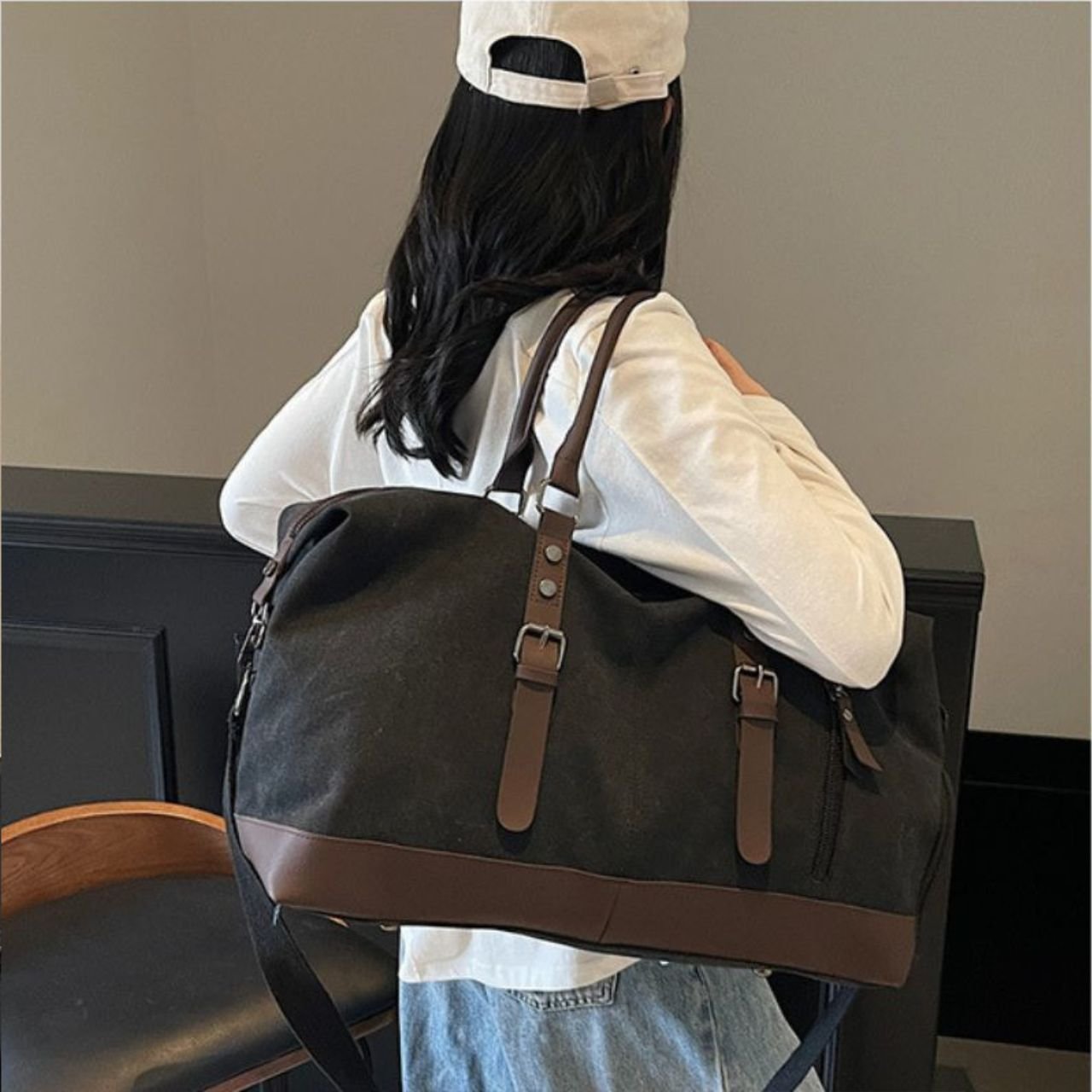 Canvas Travel Duffle Bag with Top Handle | PU Leather Trim | Zip Closure | Adjustable Shoulder Strap | 30x50x23 Cm | Assorted Colors | OPP Packing - Image 2