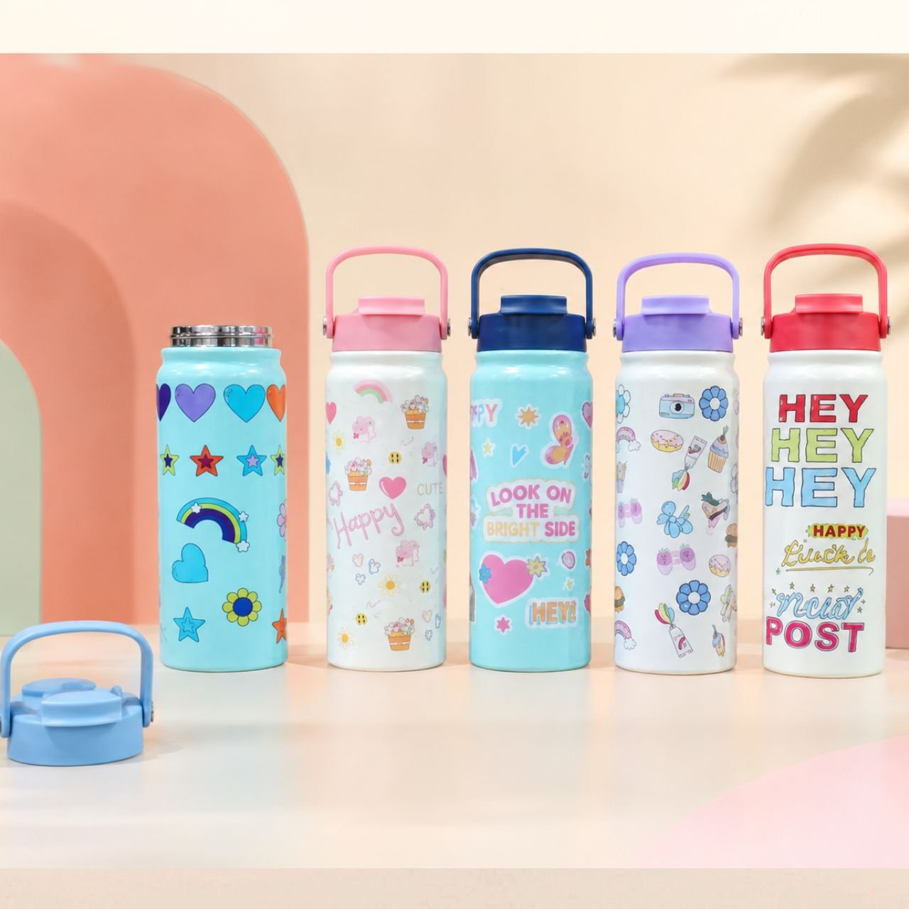 Stainless Steel Insulated Bottle with Handle | Portable & Leakproof | Printed | Wide Mouth | 800 ML | Assorted Colors | Box Packing