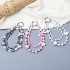 Cute Pearl Beaded Heart & Bow Phone Charm | Wrist Strap | Acrylic Beaded | 13 Cm | Backpack Charm | Assorted Colors | Card OPP Packing