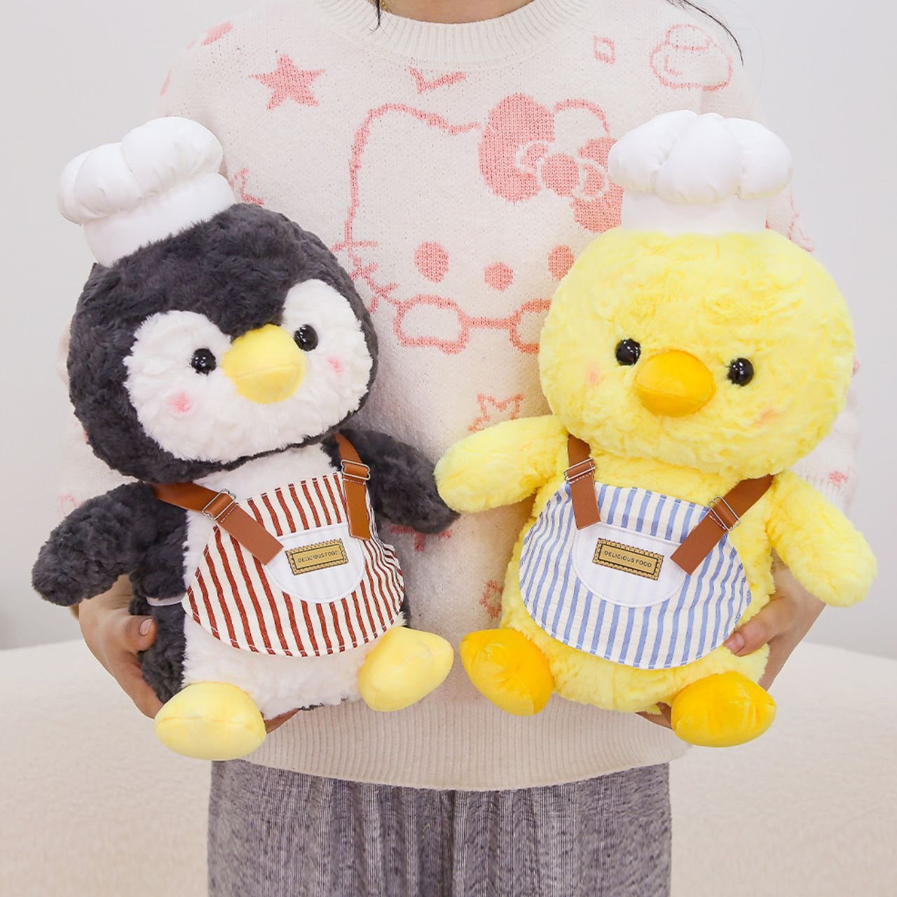 Cute Penguin & Duck Plush Toy Chef | Soft & Cuddly Stuffed Birds with Chef Hats & Striped Aprons | Imported Skin | 20-23 Cm | Assorted Character | OPP Packing