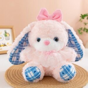 Cute Bunny Plush Toy | Soft & Cuddly Stuffed Rabbit | Adorable Pink Bow & Blue Checkered Ears Design | Sweet Pastel Colors | 22 Cm | OPP Packing