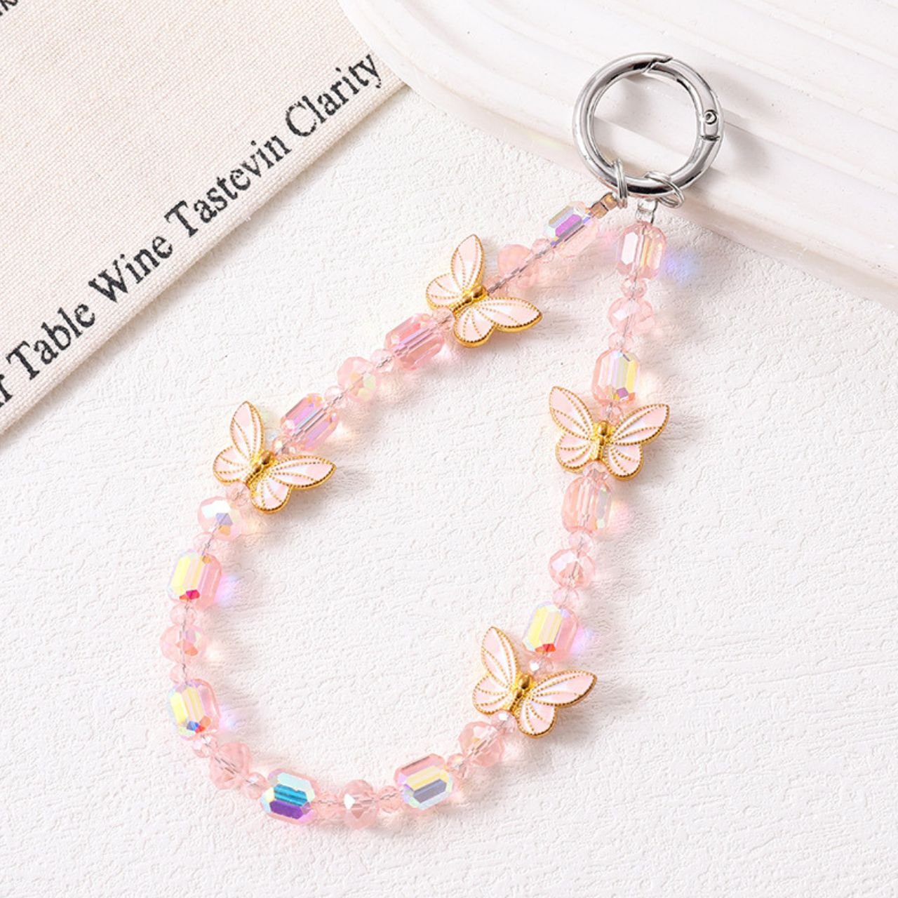Crystal Beaded Phone Charm Wrist Strap | Butterfly Acrylic Beaded | 14 Cm | Backpack Charm | Assorted Colors | Card OPP Packing - Image 4
