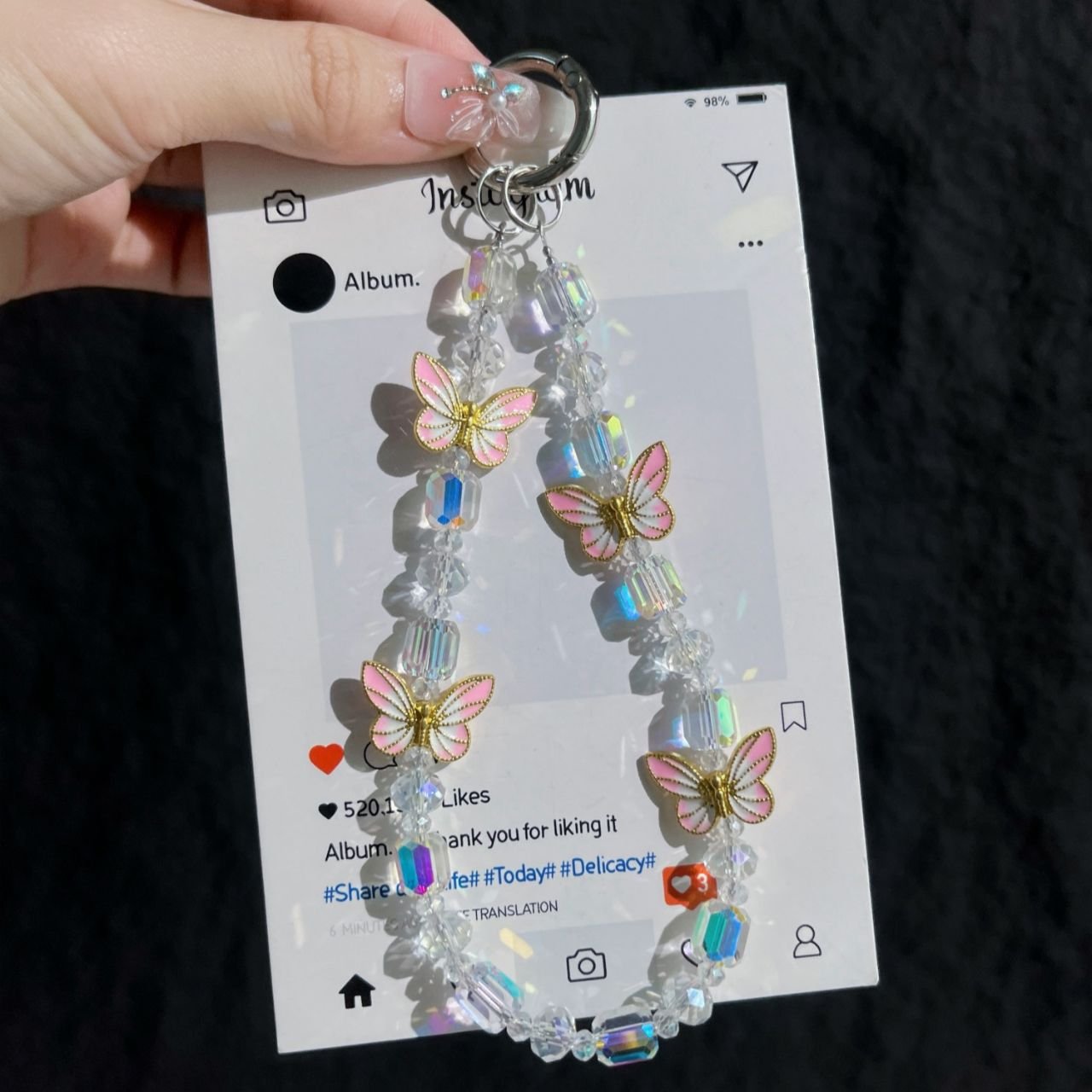 Crystal Beaded Phone Charm Wrist Strap | Butterfly Acrylic Beaded | 14 Cm | Backpack Charm | Assorted Colors | Card OPP Packing - Image 3