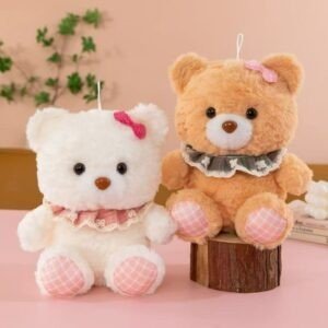Teddy Bear Plush Toy with Checkered Paw Pads | Soft & Cuddly Stuffed Bear Doll with Ruffled Collar | Imported Skin | 20-23 Cm | Assorted Colors | OPP Packing