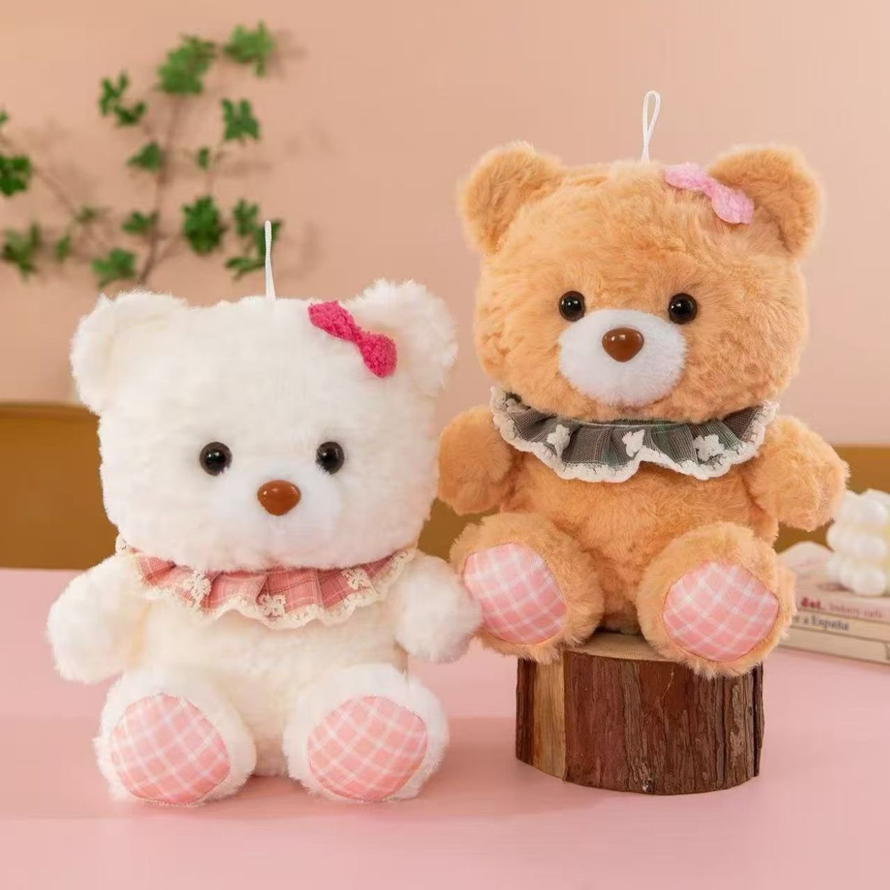 Teddy Bear Plush Toy with Checkered Paw Pads | Soft & Cuddly Stuffed Bear Doll with Ruffled Collar | Imported Skin | 20-23 Cm | Assorted Colors | OPP Packing