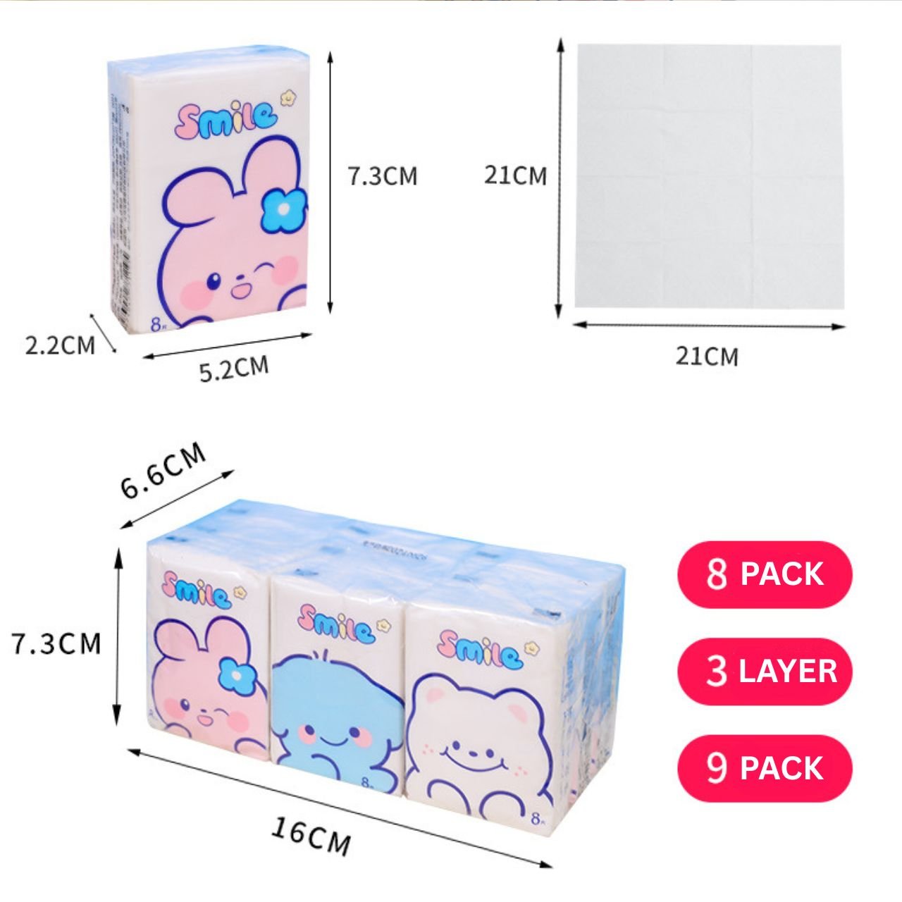 Pocket Tissue Paper Pack | 3 Ply Disposable Facial Tissue | Soft, Skin & Travel Friendly | 8 Sheets Per Pack | 9 Pack in Bundle | Assorted Cartoon Prints | OPP Packing - Image 18