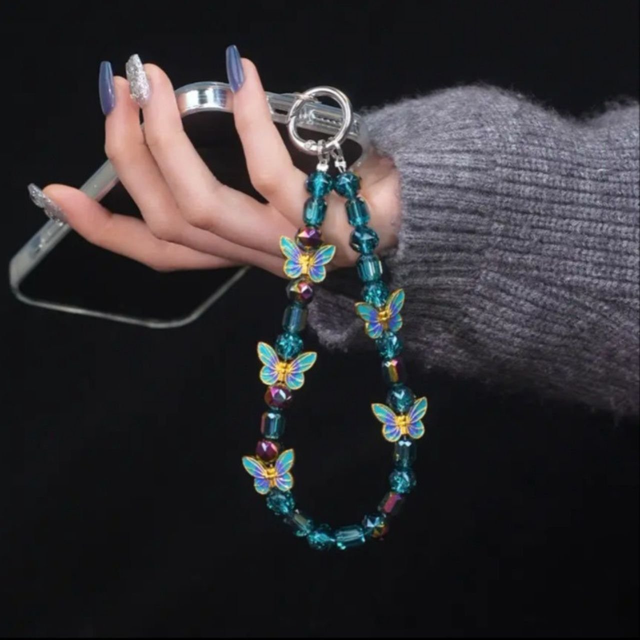Crystal Beaded Phone Charm Wrist Strap | Butterfly Acrylic Beaded | 14 Cm | Backpack Charm | Assorted Colors | Card OPP Packing - Image 5