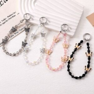 Crystal Beaded Phone Charm Wrist Strap | Butterfly Acrylic Beaded | 14 Cm | Backpack Charm | Assorted Colors | Card OPP Packing